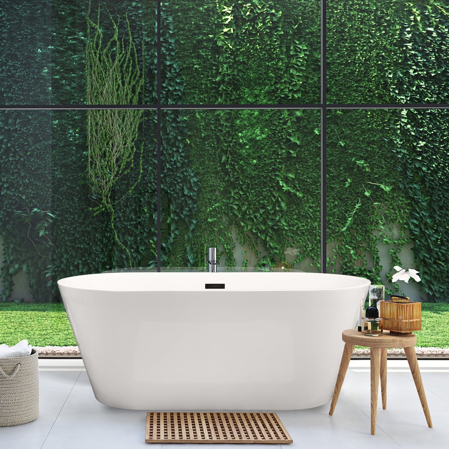 Kaprun 59" x 30" Flatbottom Freestanding Acrylic Soaking Bathtub in Glossy White with Drain and Overflow
