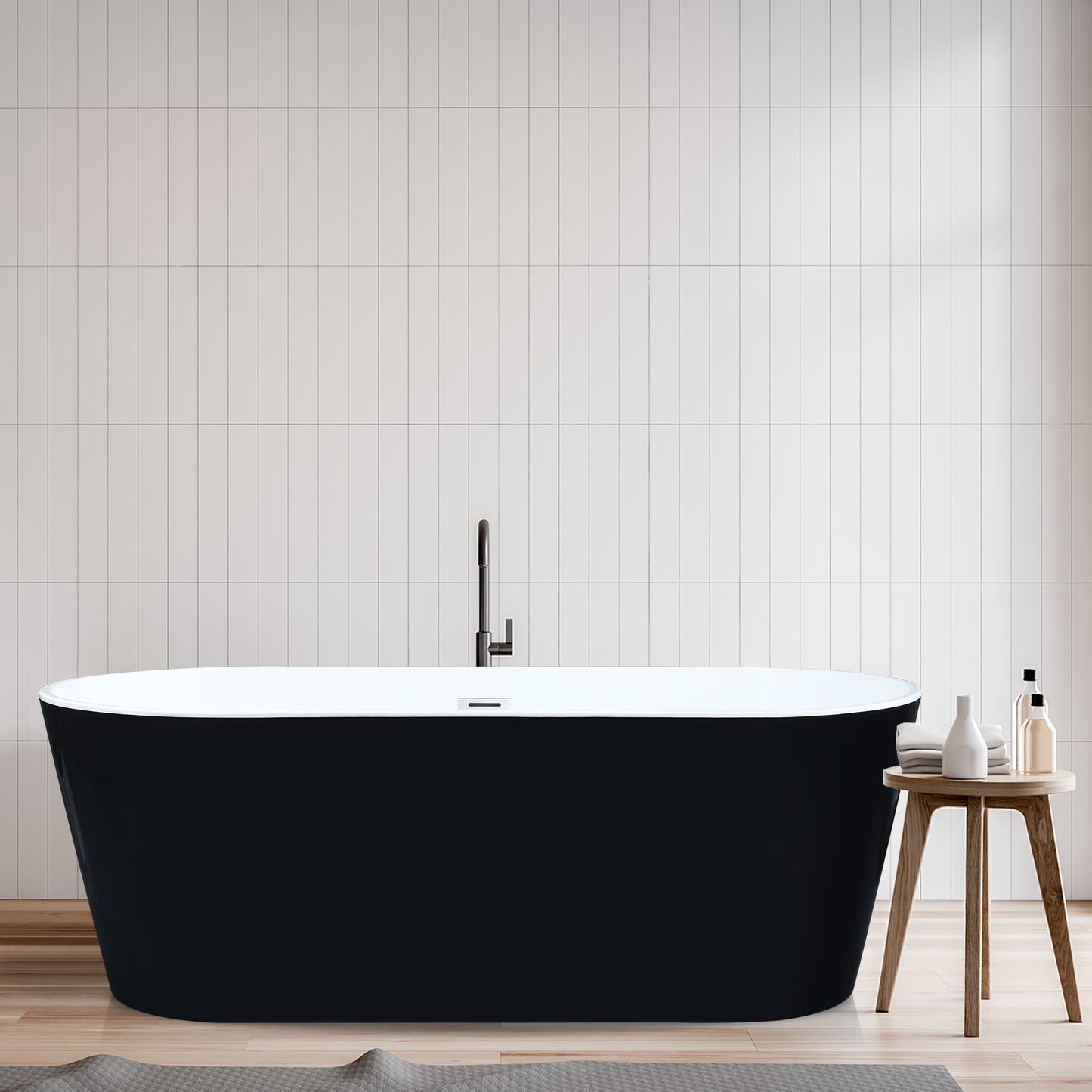 Kaprun 63" x 30" Flatbottom Freestanding Acrylic Soaking Bathtub in Glossy Black with Drain and Overflow