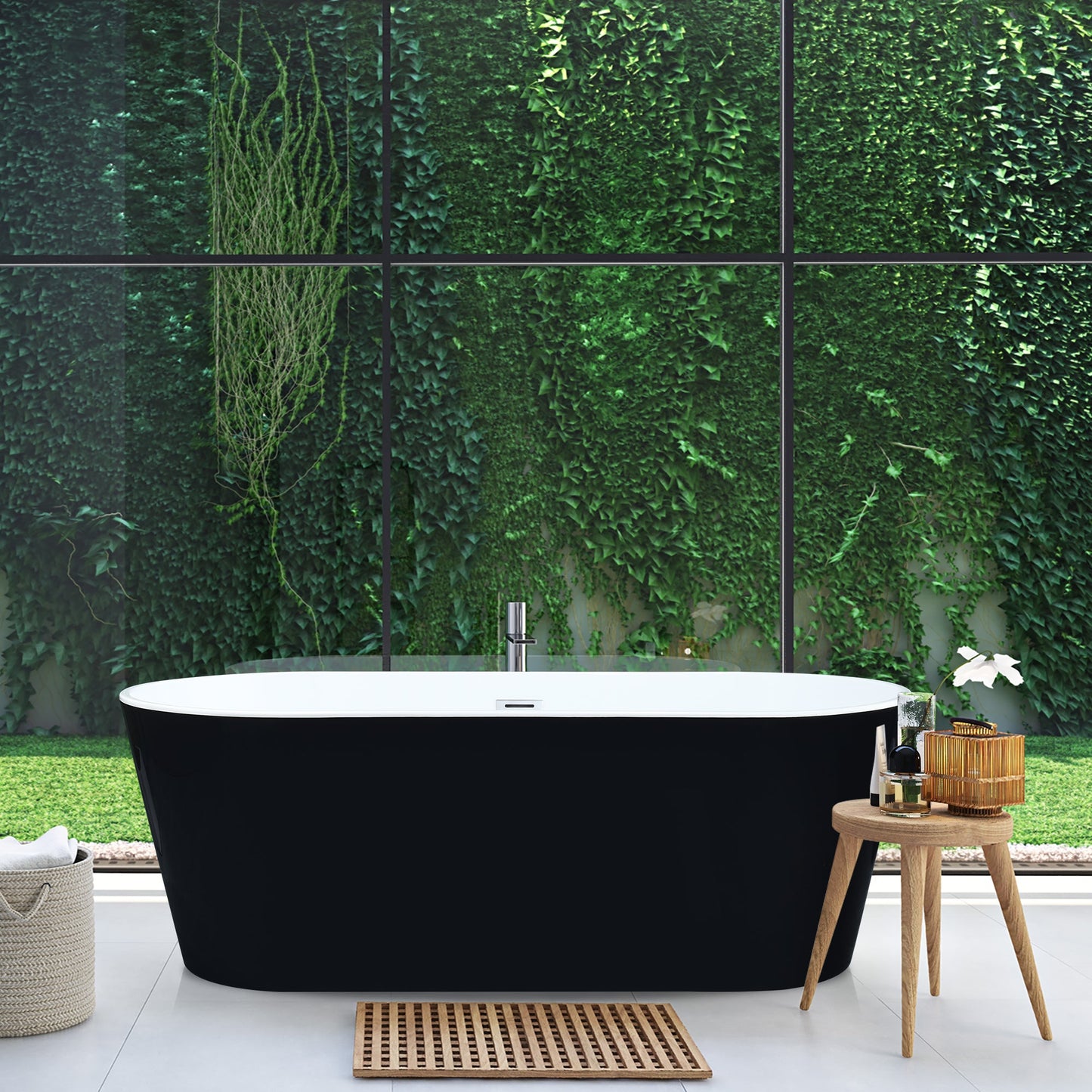 Kaprun 63" x 30" Flatbottom Freestanding Acrylic Soaking Bathtub in Glossy Black with Drain and Overflow