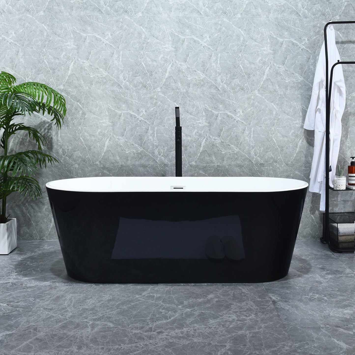 Kaprun 63" x 30" Flatbottom Freestanding Acrylic Soaking Bathtub in Glossy Black with Drain and Overflow