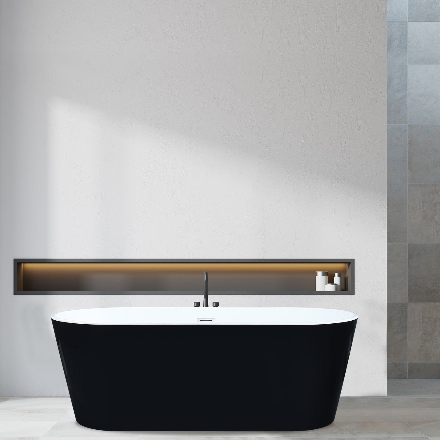 Kaprun 63" x 30" Flatbottom Freestanding Acrylic Soaking Bathtub in Glossy Black with Drain and Overflow