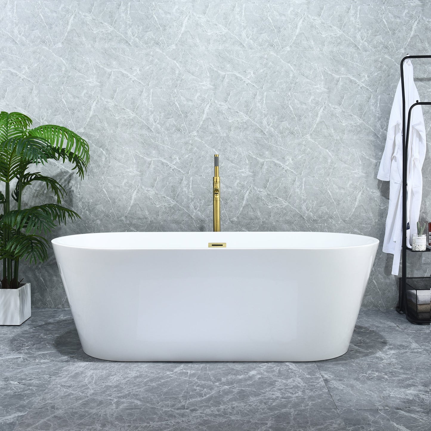 Kaprun 67" x 32" Flatbottom Freestanding Acrylic Soaking Bathtub in Glossy White with Drain and Overflow