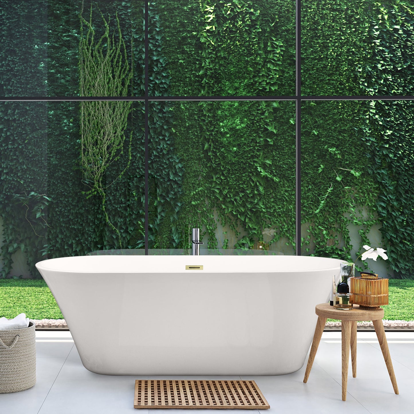 Blarn 65" x 29" Flatbottom Freestanding Acrylic Soaking Bathtub in Glossy White with Drain and Overflow