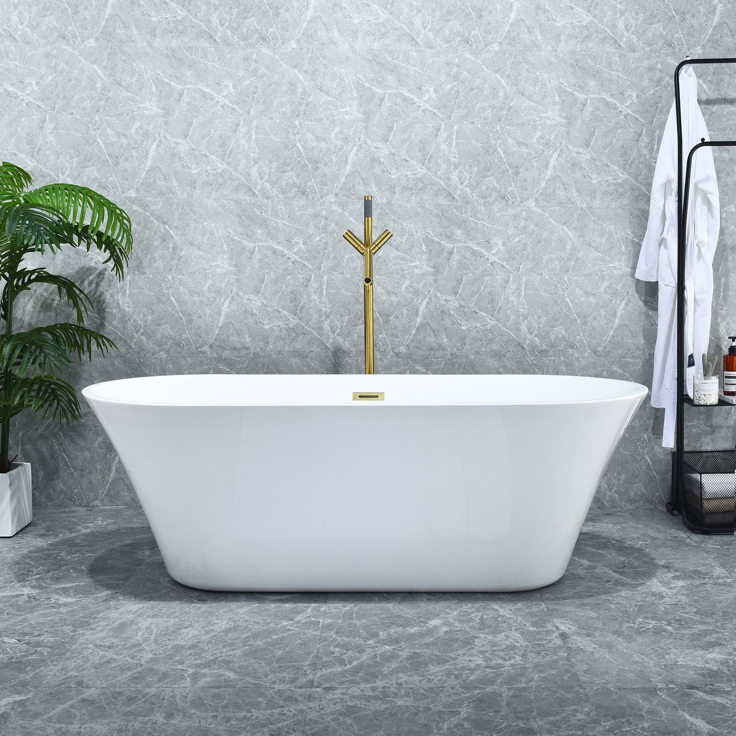 Blarn 65" x 29" Flatbottom Freestanding Acrylic Soaking Bathtub in Glossy White with Drain and Overflow