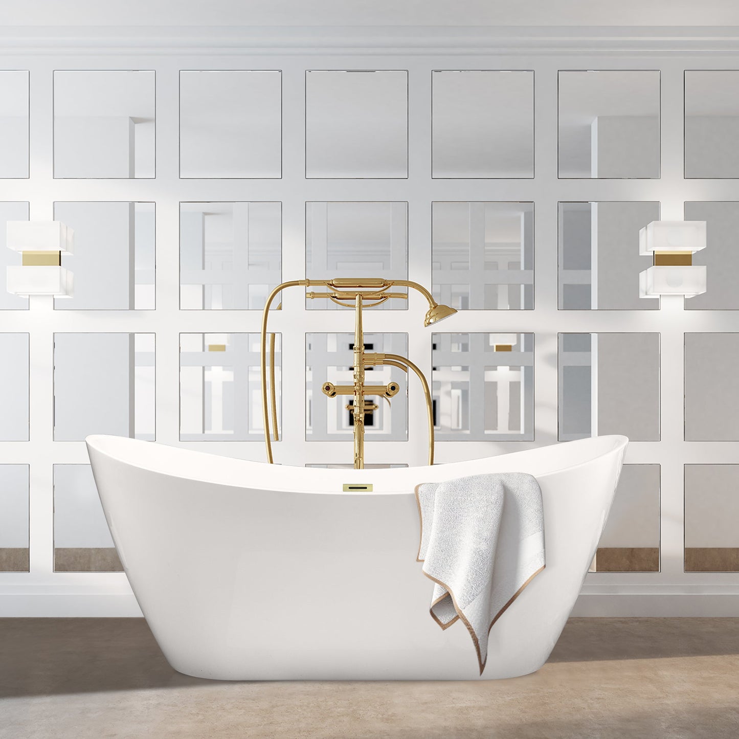 Vansza 67" x 32" Flatbottom Freestanding Acrylic Soaking Bathtub in Glossy White with Drain and Overflow