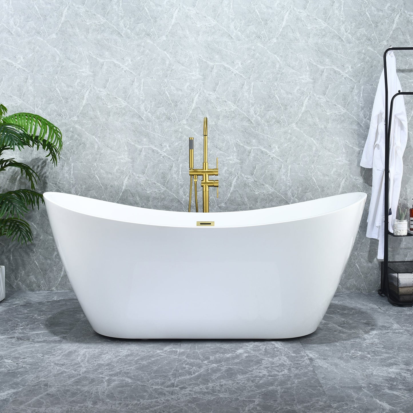 Vansza 67" x 32" Flatbottom Freestanding Acrylic Soaking Bathtub in Glossy White with Drain and Overflow