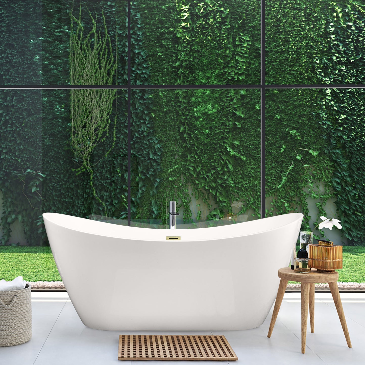 Vansza 67" x 32" Flatbottom Freestanding Acrylic Soaking Bathtub in Glossy White with Drain and Overflow