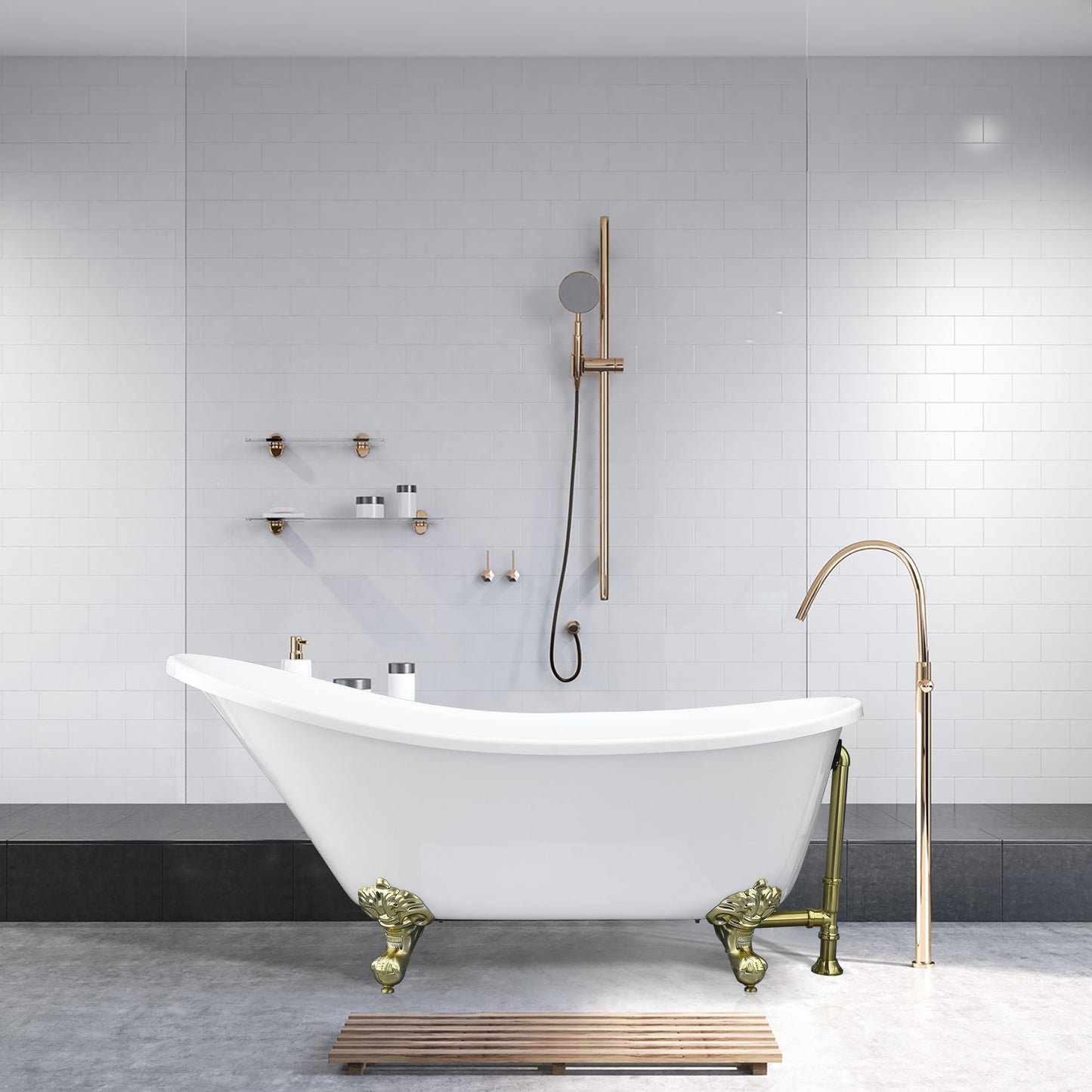 Fandi 64" x 28" Acrylic Clawfoot Soaking Bathtub in Glossy White with Brushed Brass Drain and Overflow