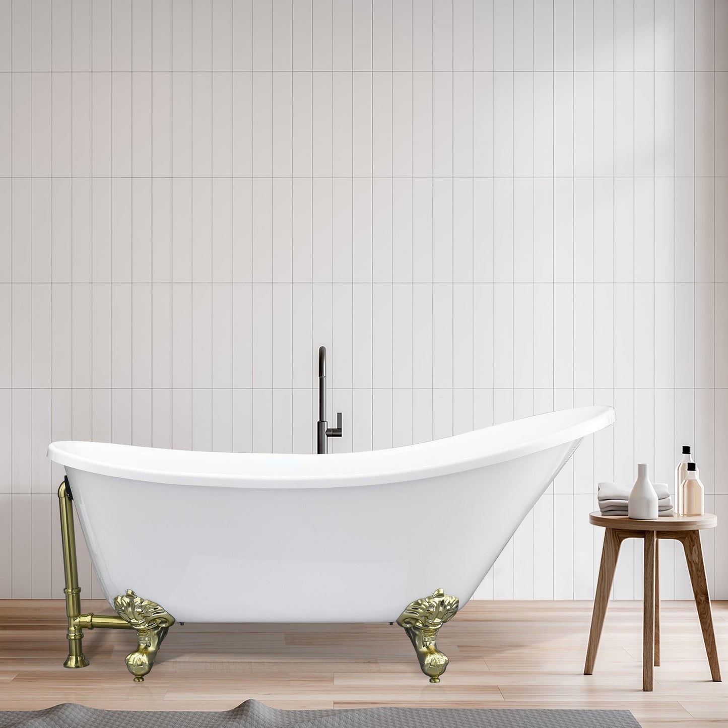 Fandi 64" x 28" Acrylic Clawfoot Soaking Bathtub in Glossy White with Brushed Brass Drain and Overflow