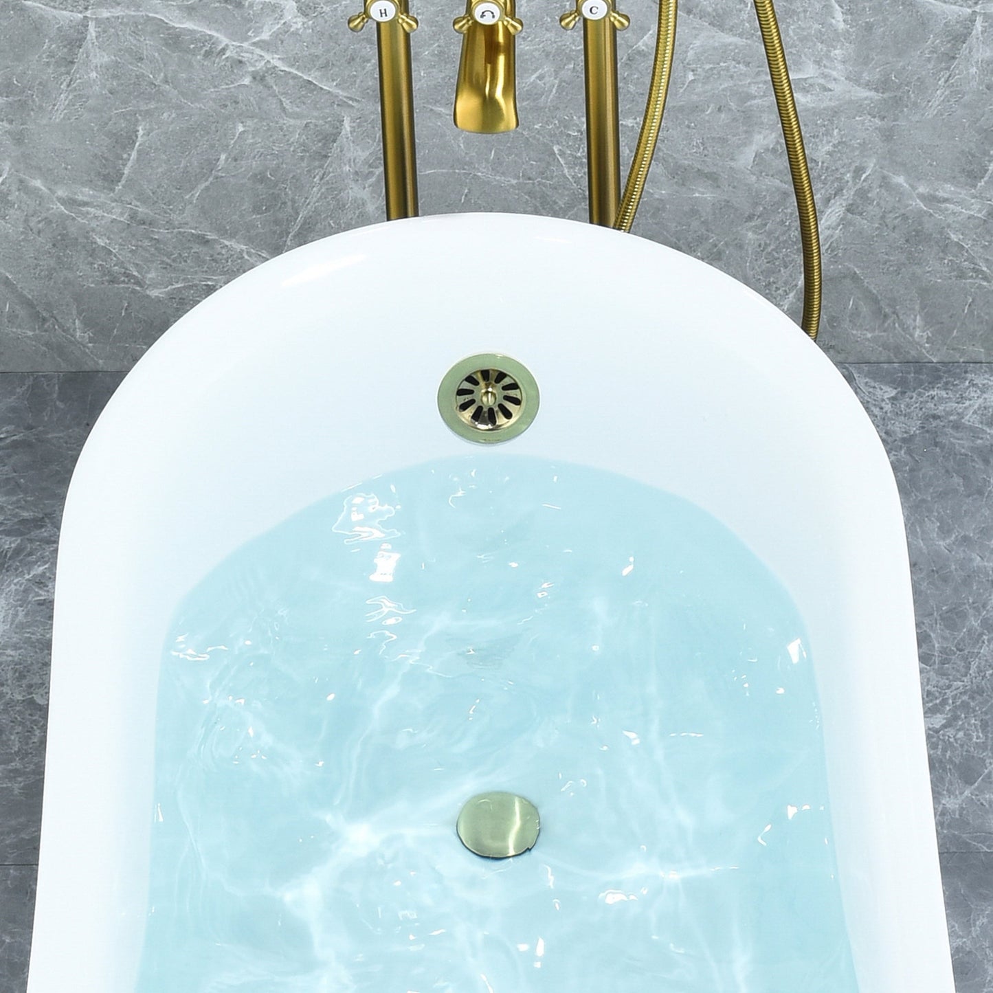 Fandi 64" x 28" Acrylic Clawfoot Soaking Bathtub in Glossy White with Brushed Brass Drain and Overflow