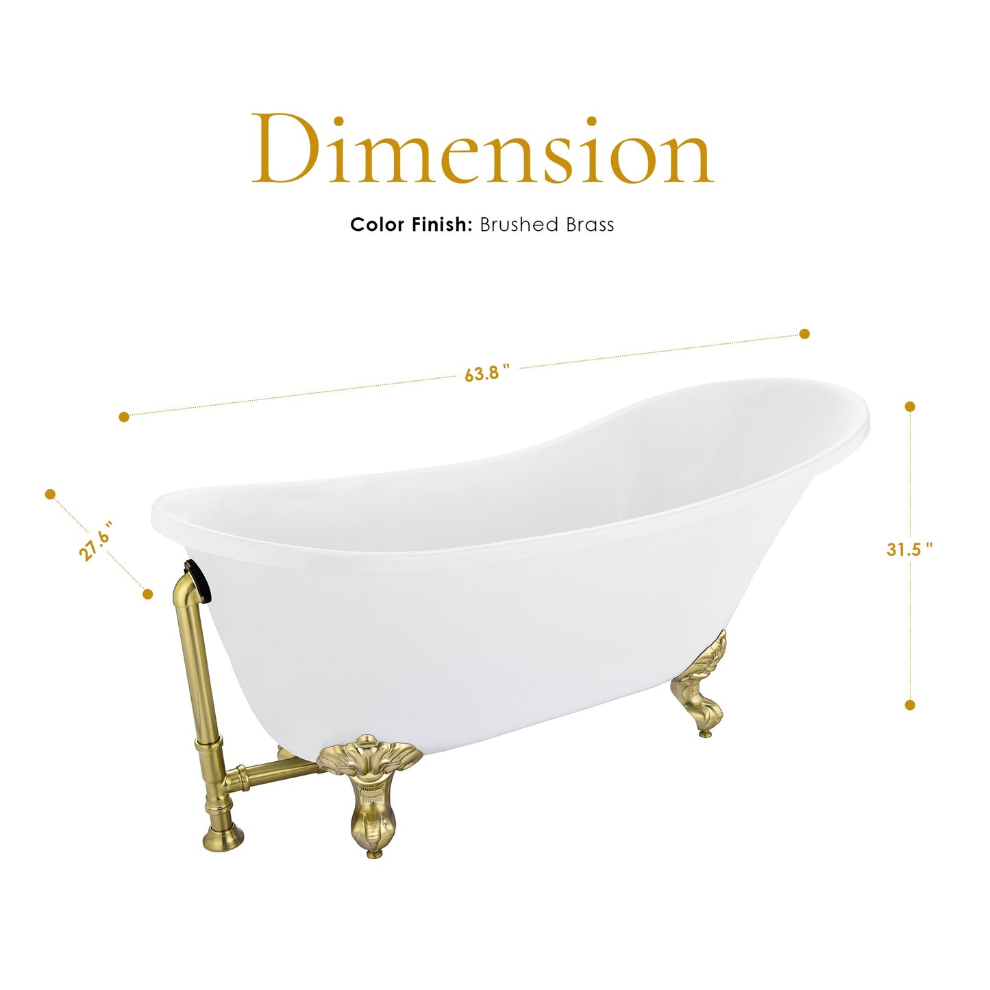 Fandi 64" x 28" Acrylic Clawfoot Soaking Bathtub in Glossy White with Brushed Brass Drain and Overflow