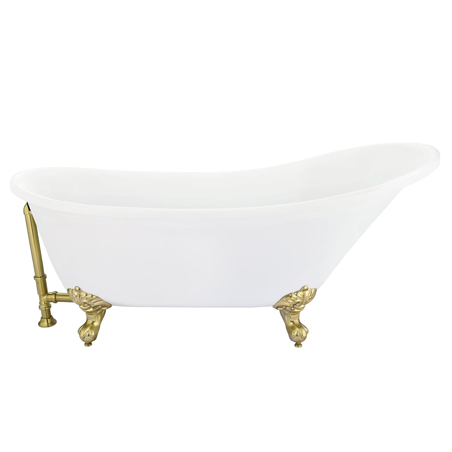 Fandi 64" x 28" Acrylic Clawfoot Soaking Bathtub in Glossy White with Brushed Brass Drain and Overflow