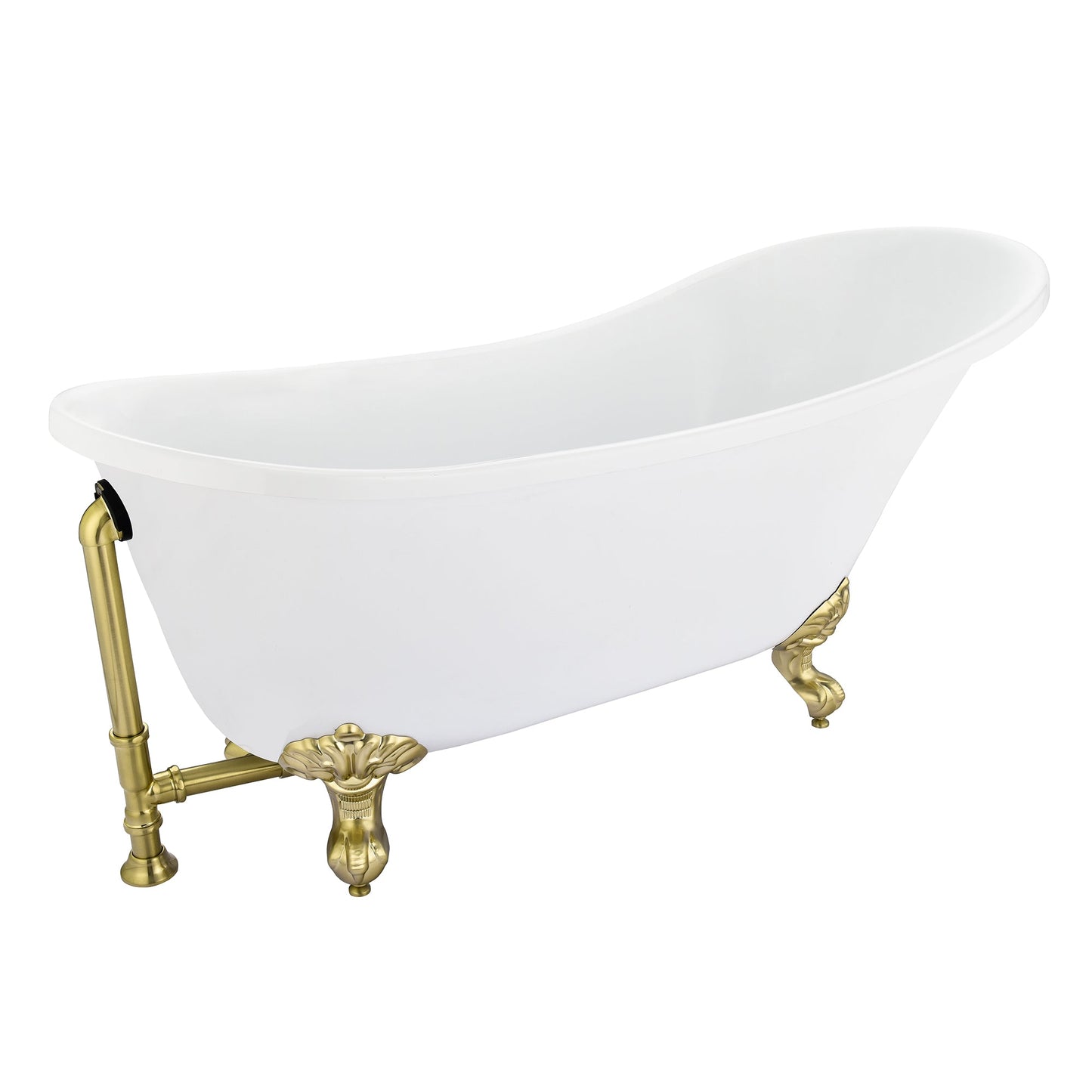 Fandi 64" x 28" Acrylic Clawfoot Soaking Bathtub in Glossy White with Brushed Brass Drain and Overflow