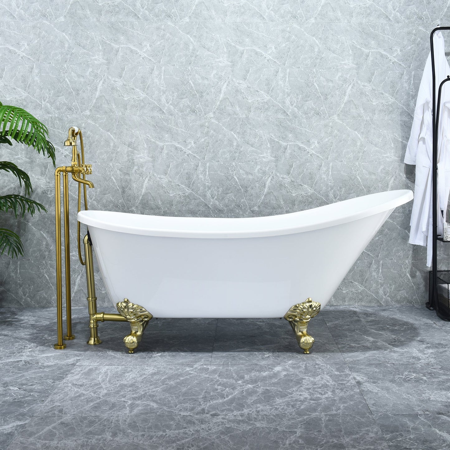 Fandi 64" x 28" Acrylic Clawfoot Soaking Bathtub in Glossy White with Brushed Brass Drain and Overflow