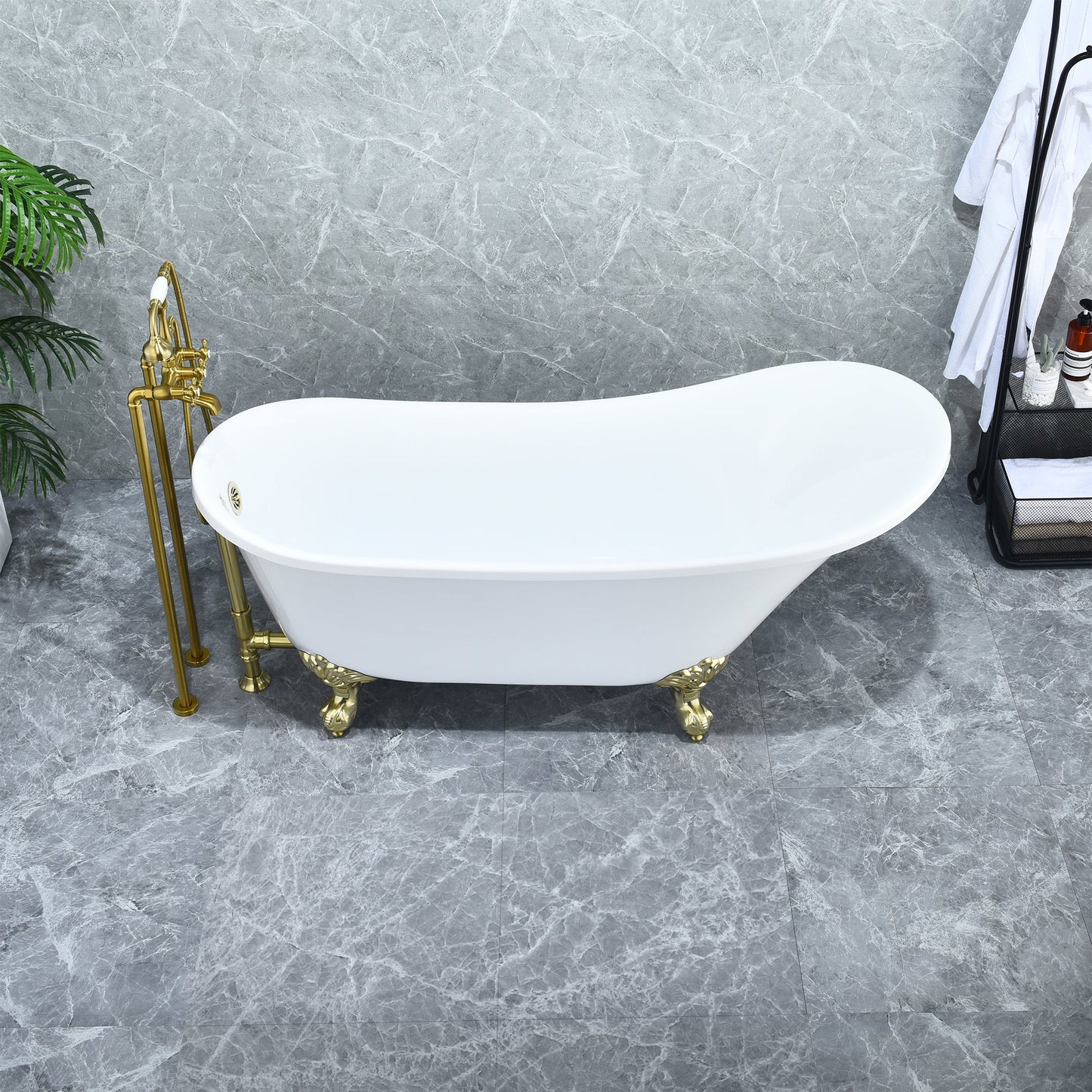 Fandi 64" x 28" Acrylic Clawfoot Soaking Bathtub in Glossy White with Brushed Brass Drain and Overflow