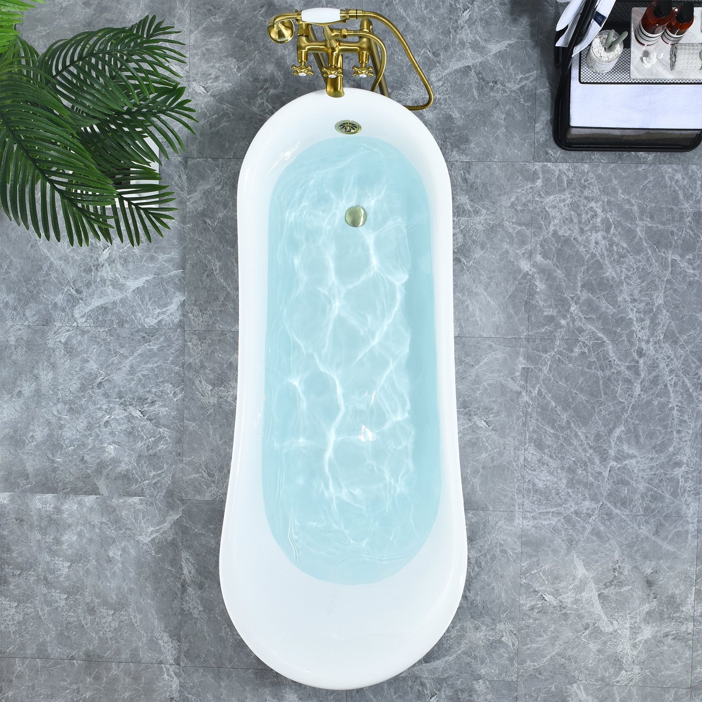 Fandi 64" x 28" Acrylic Clawfoot Soaking Bathtub in Glossy White with Brushed Brass Drain and Overflow