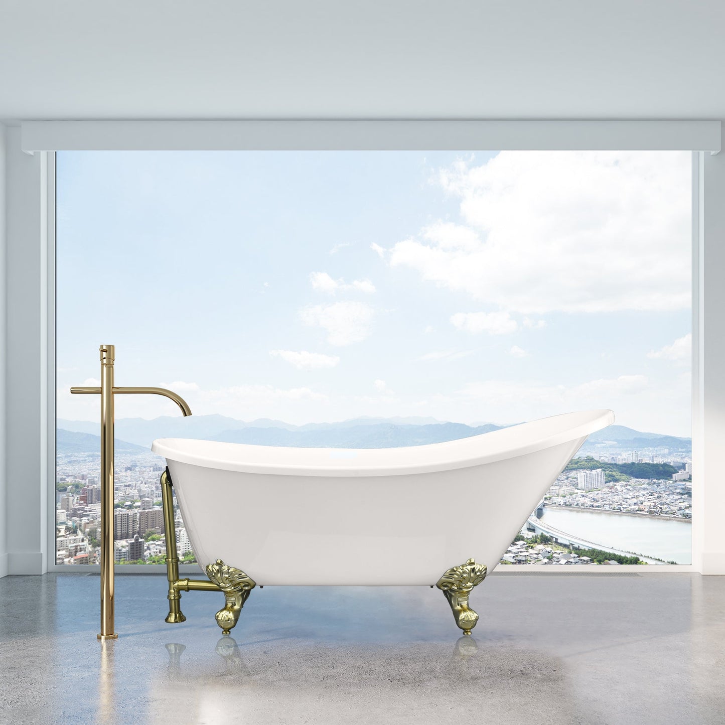Fandi 64" x 28" Acrylic Clawfoot Soaking Bathtub in Glossy White with Brushed Brass Drain and Overflow