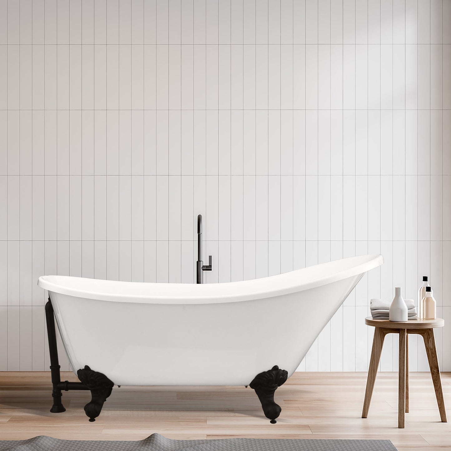 Fandi 64" x 28" Acrylic Clawfoot Soaking Bathtub in Glossy White with Matte Black Drain and Overflow