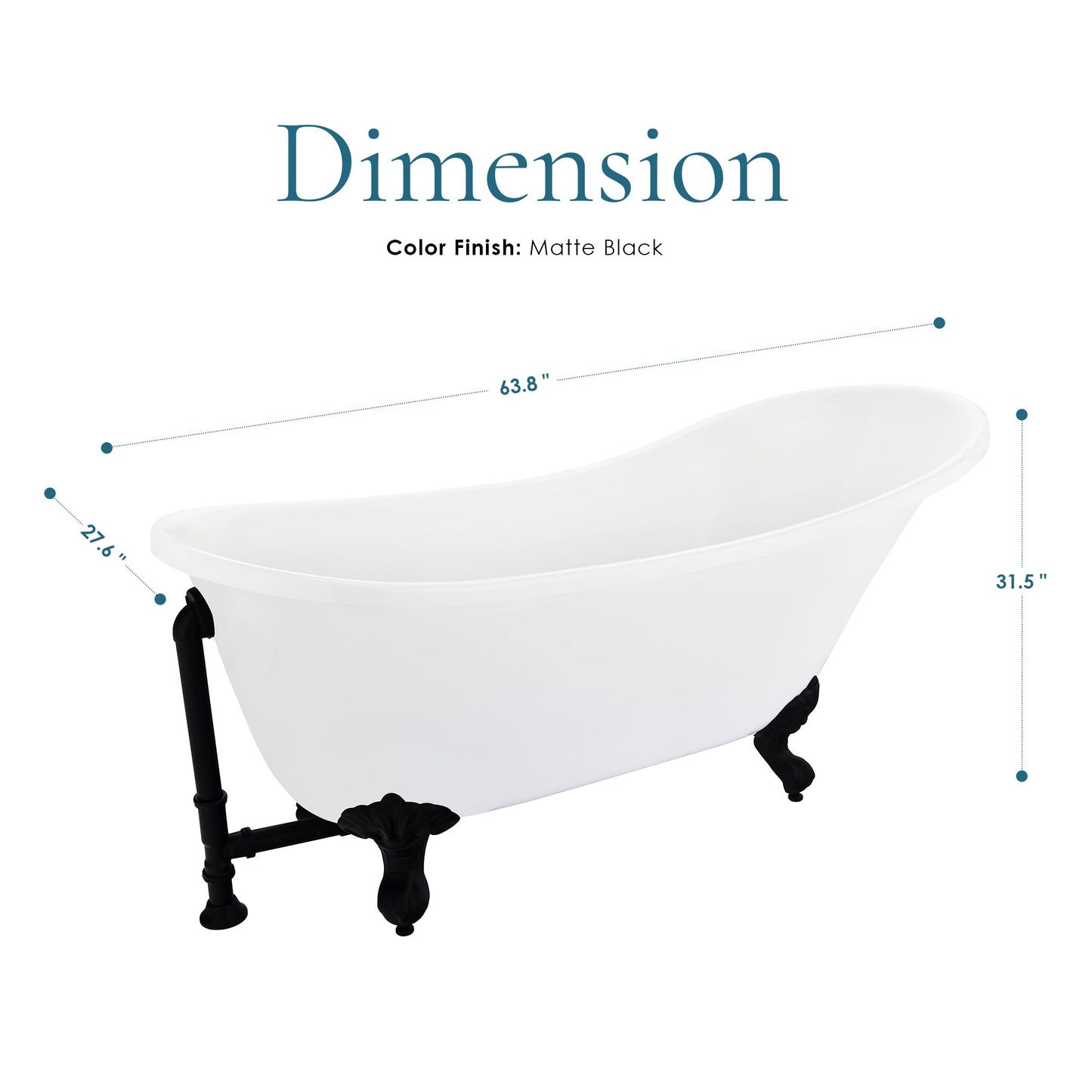 Fandi 64" x 28" Acrylic Clawfoot Soaking Bathtub in Glossy White with Matte Black Drain and Overflow