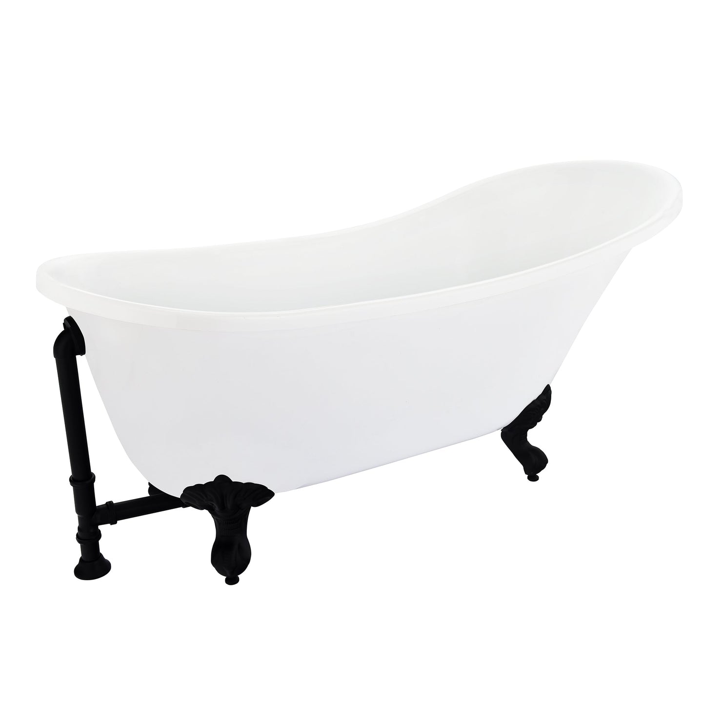 Fandi 64" x 28" Acrylic Clawfoot Soaking Bathtub in Glossy White with Matte Black Drain and Overflow