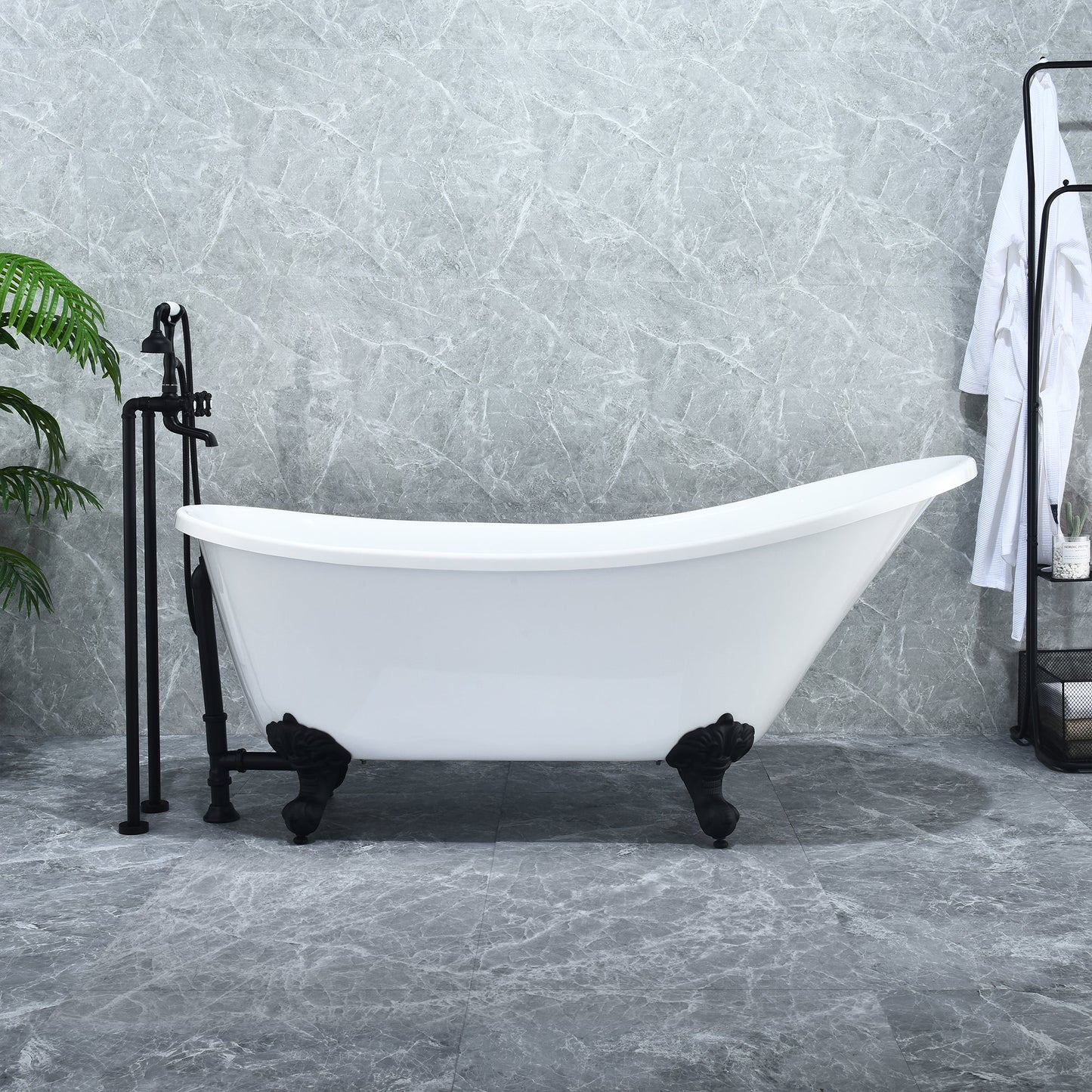 Fandi 64" x 28" Acrylic Clawfoot Soaking Bathtub in Glossy White with Matte Black Drain and Overflow