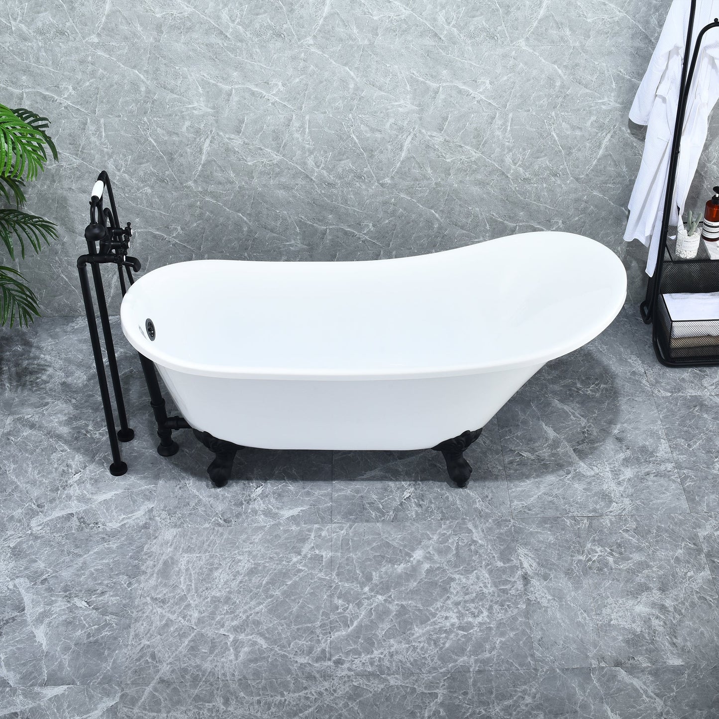 Fandi 64" x 28" Acrylic Clawfoot Soaking Bathtub in Glossy White with Matte Black Drain and Overflow