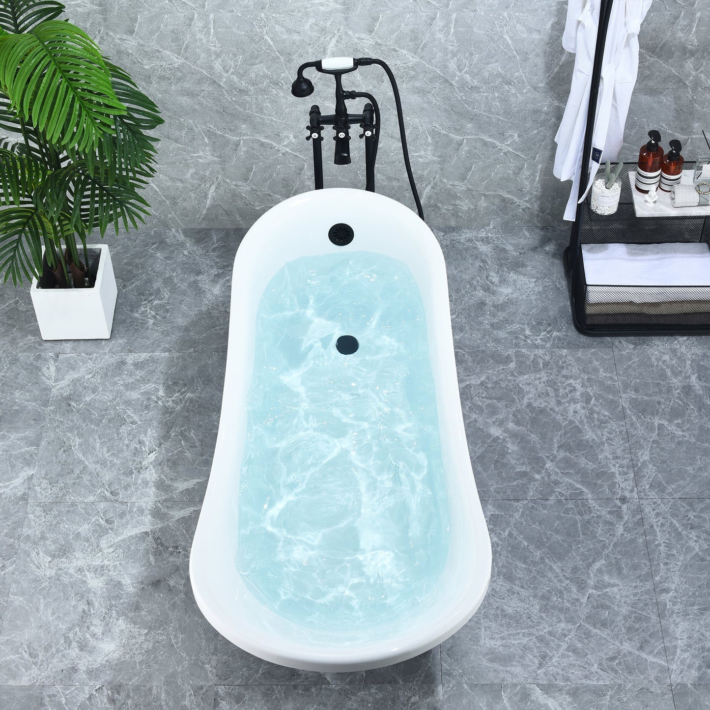 Fandi 64" x 28" Acrylic Clawfoot Soaking Bathtub in Glossy White with Matte Black Drain and Overflow
