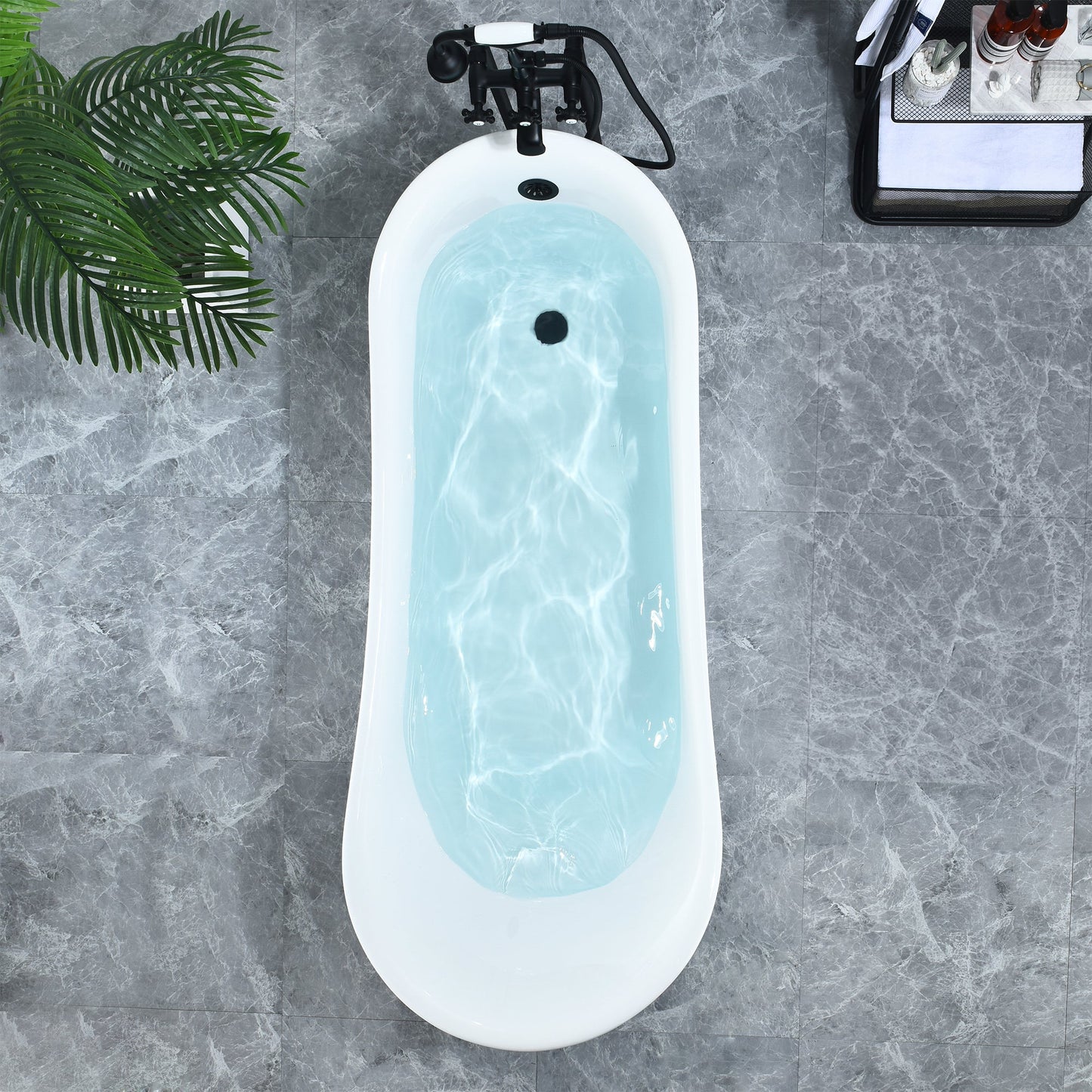 Fandi 64" x 28" Acrylic Clawfoot Soaking Bathtub in Glossy White with Matte Black Drain and Overflow