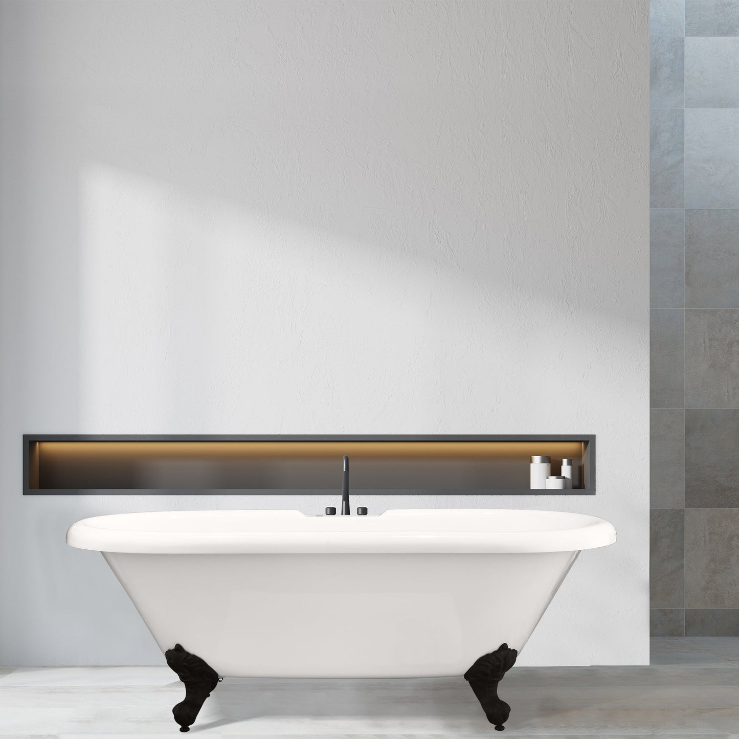Kerta 67" x 29" Acrylic Clawfoot Soaking Bathtub in Glossy White with Matte Black Drain and Overflow
