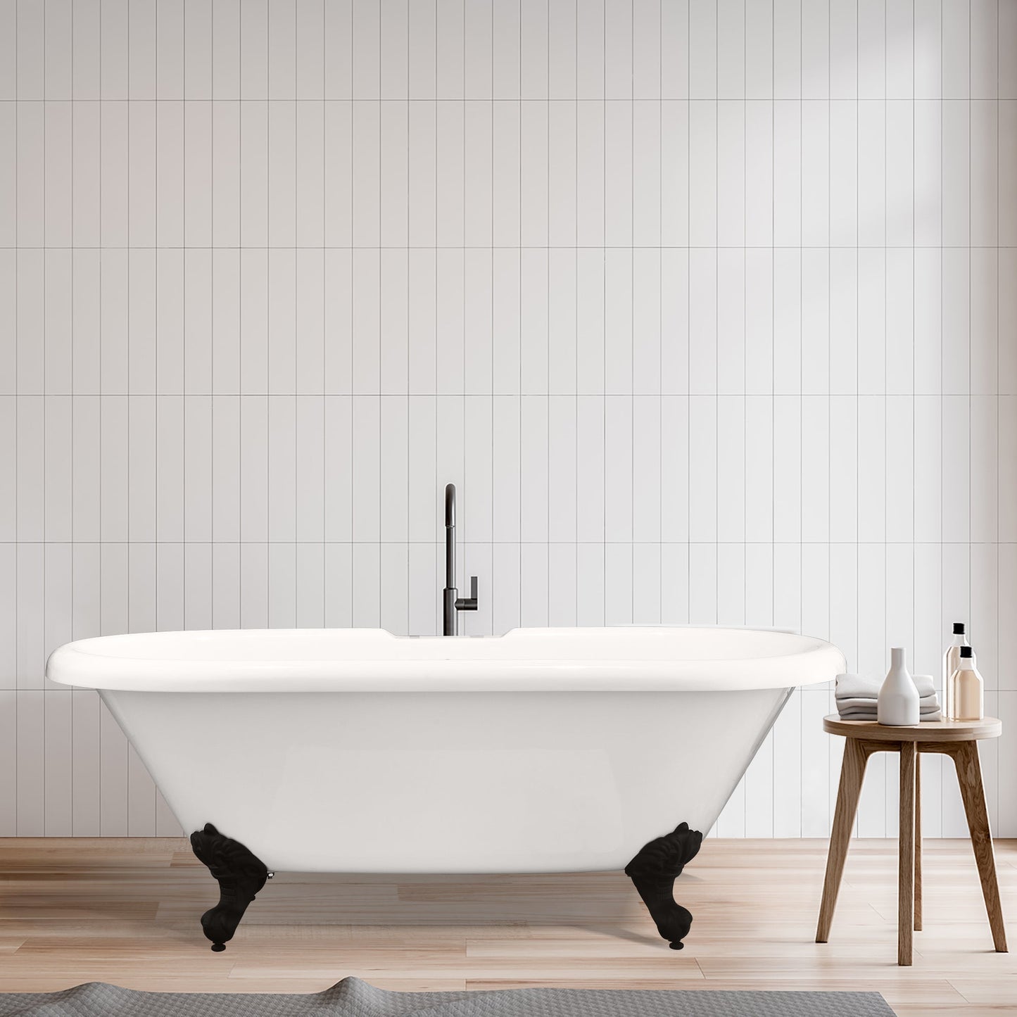 Kerta 67" x 29" Acrylic Clawfoot Soaking Bathtub in Glossy White with Matte Black Drain and Overflow