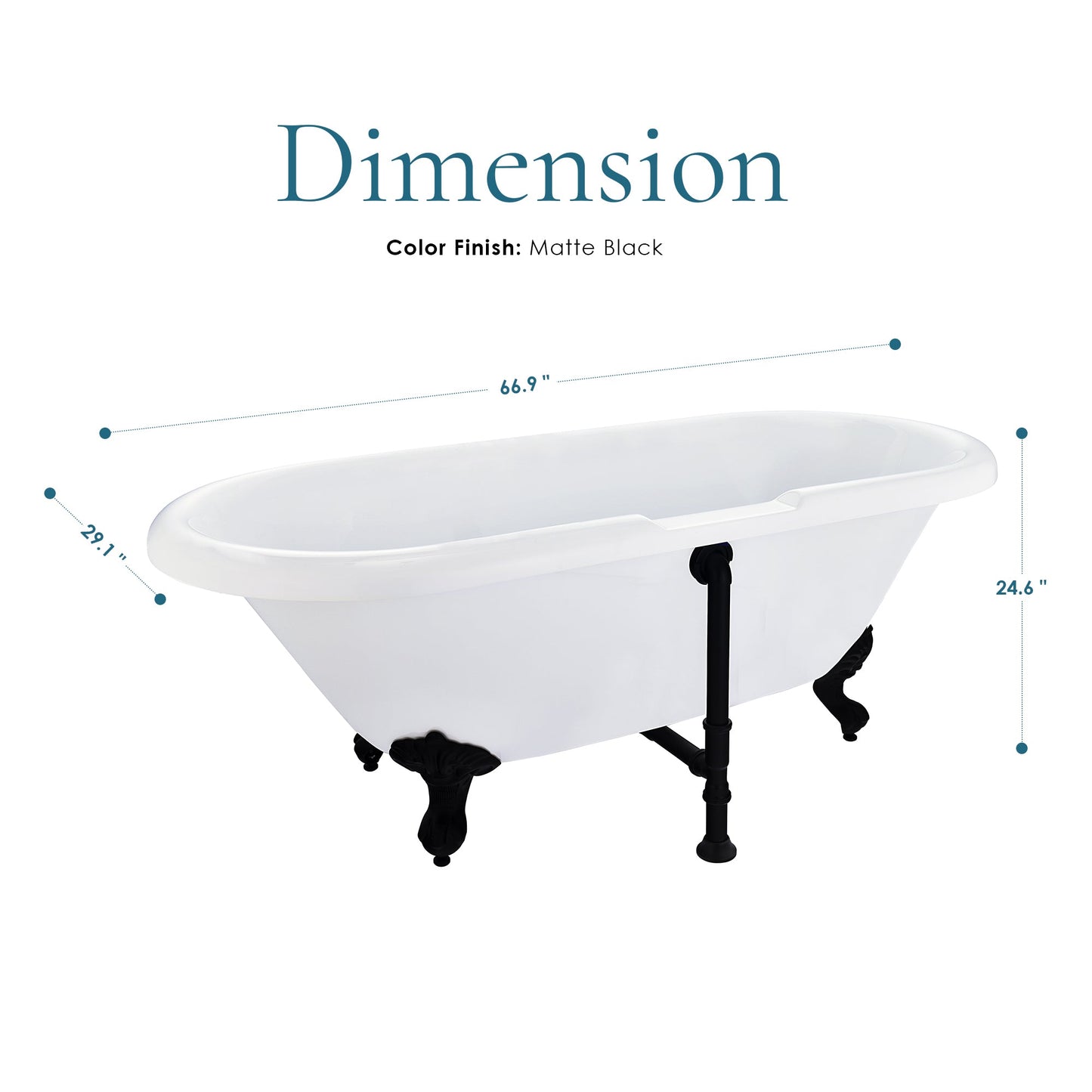 Kerta 67" x 29" Acrylic Clawfoot Soaking Bathtub in Glossy White with Matte Black Drain and Overflow