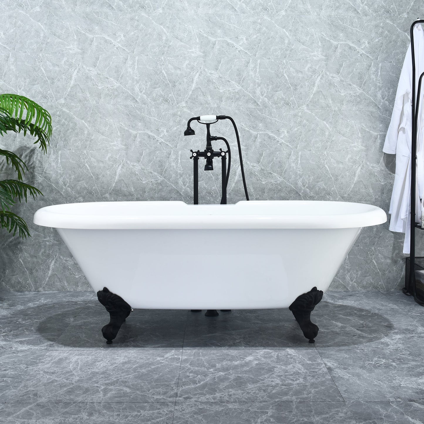 Kerta 67" x 29" Acrylic Clawfoot Soaking Bathtub in Glossy White with Matte Black Drain and Overflow