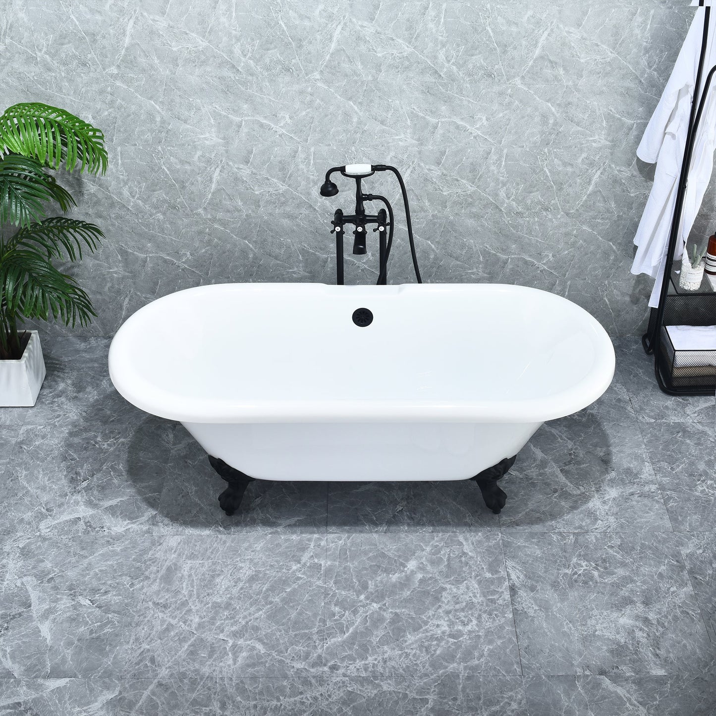 Kerta 67" x 29" Acrylic Clawfoot Soaking Bathtub in Glossy White with Matte Black Drain and Overflow