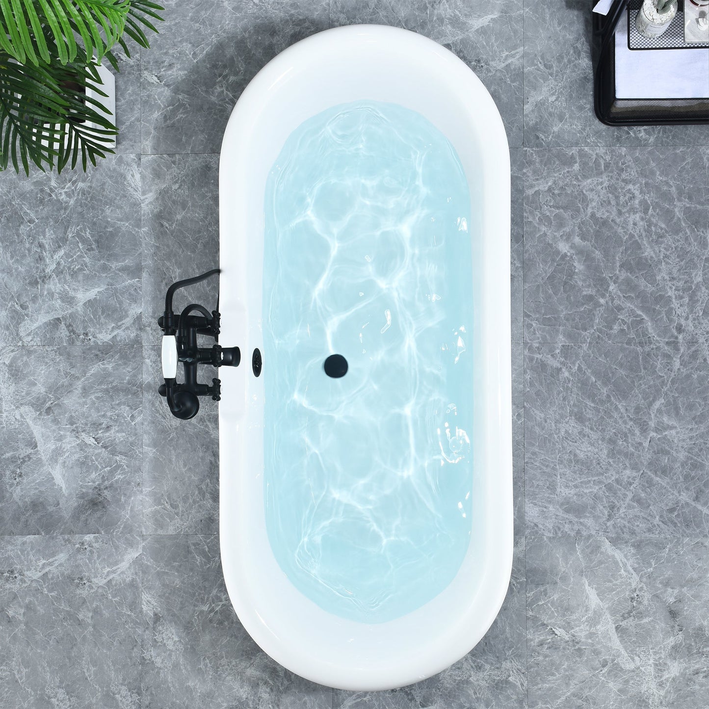 Kerta 67" x 29" Acrylic Clawfoot Soaking Bathtub in Glossy White with Matte Black Drain and Overflow