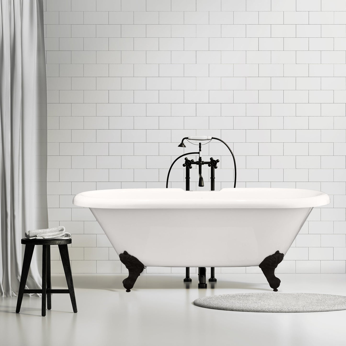 Kerta 67" x 29" Acrylic Clawfoot Soaking Bathtub in Glossy White with Matte Black Drain and Overflow