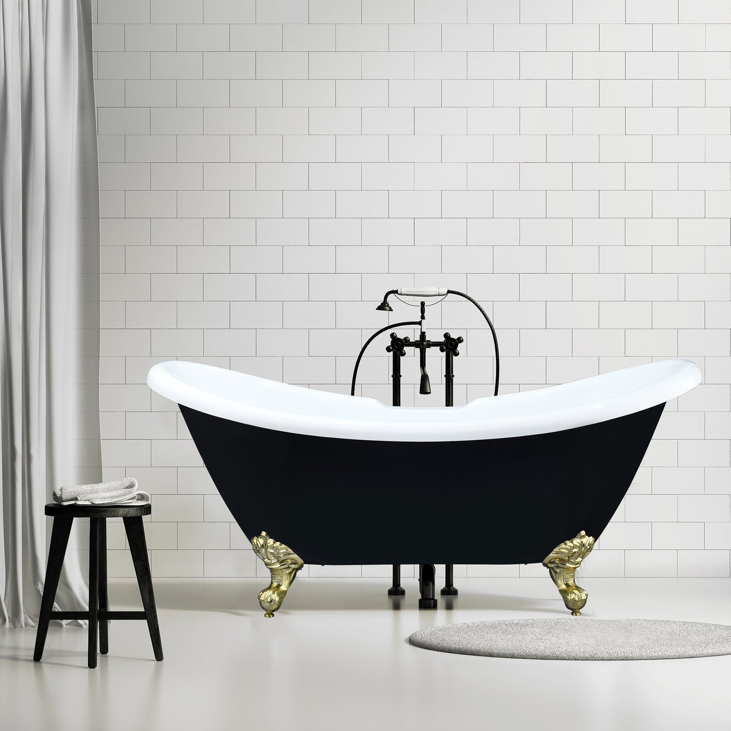 Porva 69" x 29" Acrylic Clawfoot Soaking Bathtub in Glossy Black with Brushed Brass Drain and Overflow