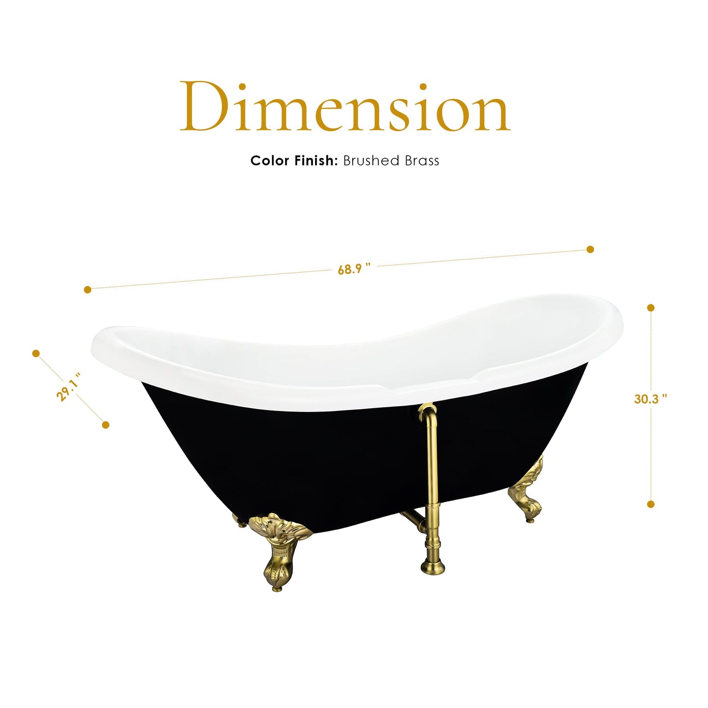 Porva 69" x 29" Acrylic Clawfoot Soaking Bathtub in Glossy Black with Brushed Brass Drain and Overflow