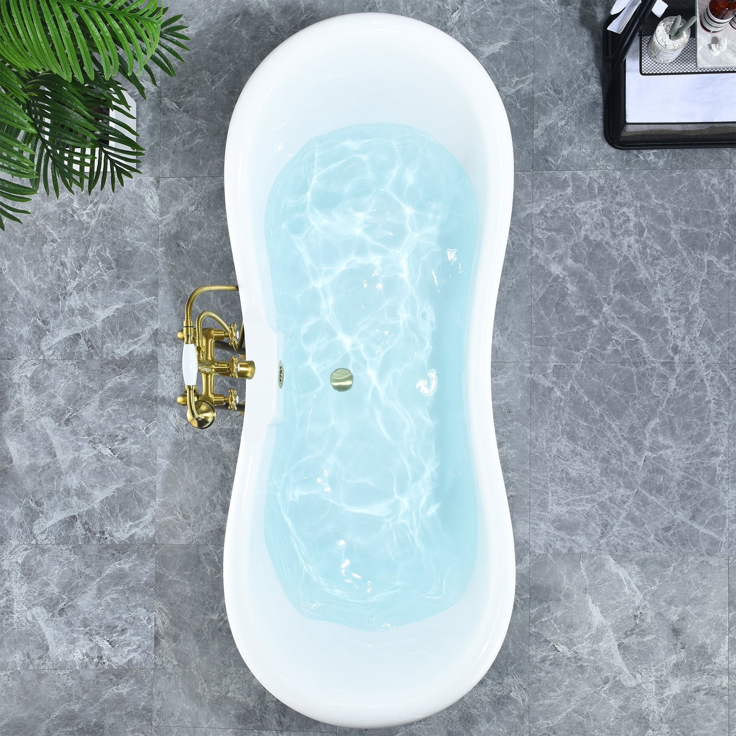 Porva 69" x 29" Acrylic Clawfoot Soaking Bathtub in Glossy Black with Brushed Brass Drain and Overflow