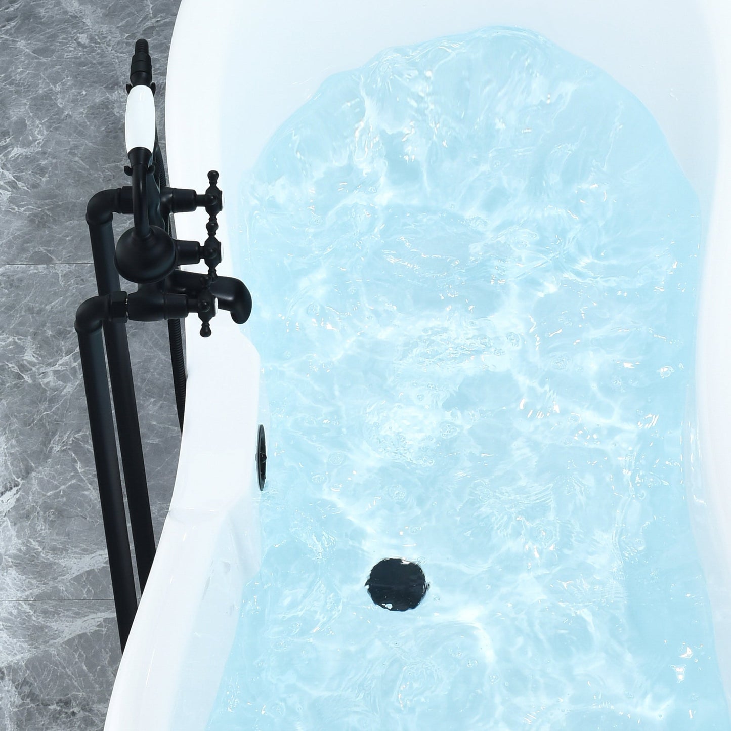 Porva 69" x 29" Acrylic Clawfoot Soaking Bathtub in Glossy White with Matte Black Drain and Overflow