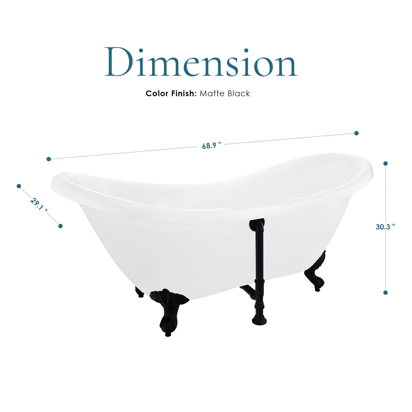 Porva 69" x 29" Acrylic Clawfoot Soaking Bathtub in Glossy White with Matte Black Drain and Overflow