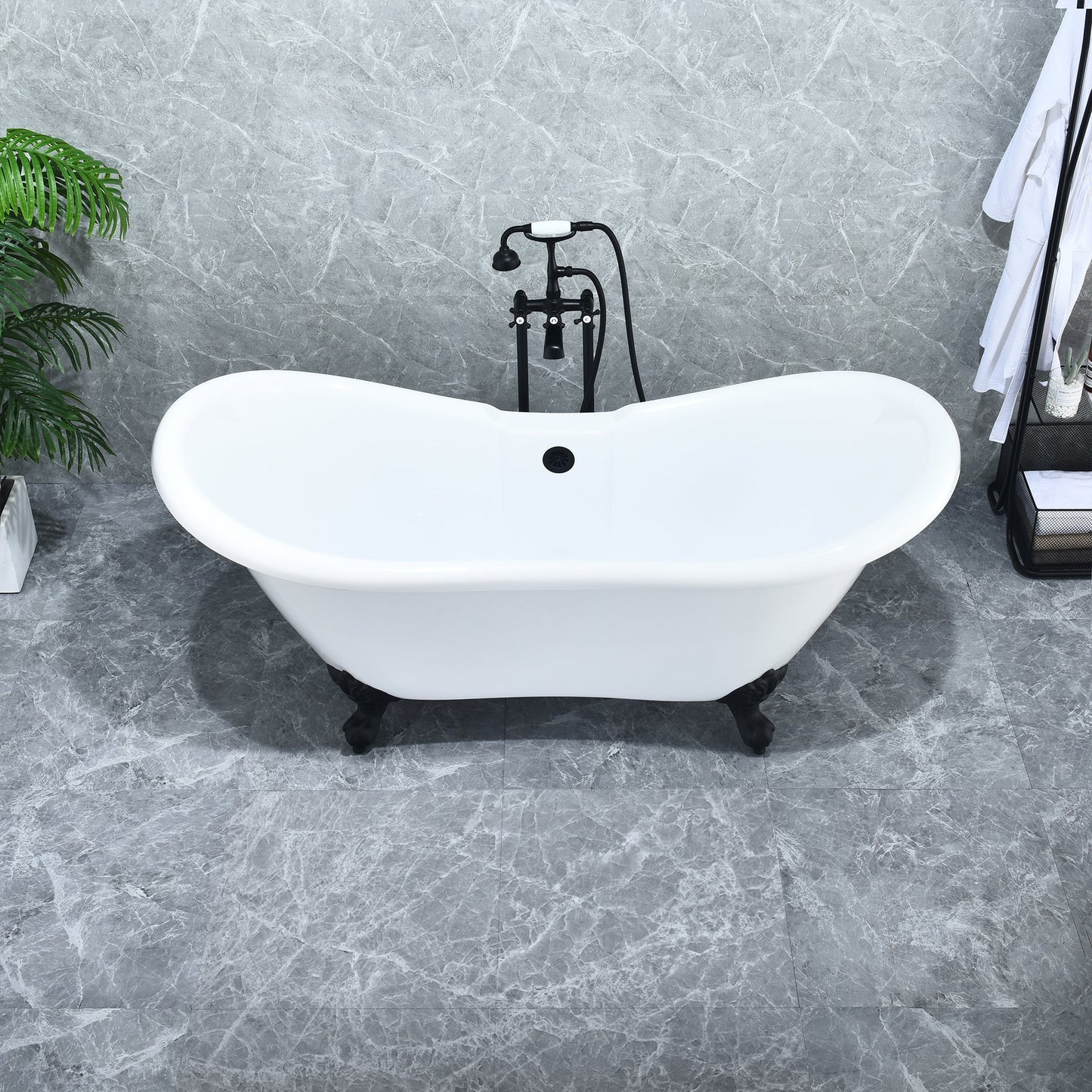 Porva 69" x 29" Acrylic Clawfoot Soaking Bathtub in Glossy White with Matte Black Drain and Overflow