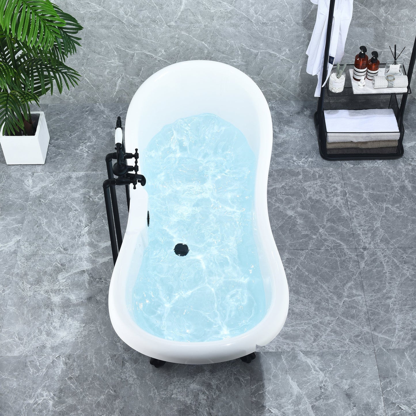 Porva 69" x 29" Acrylic Clawfoot Soaking Bathtub in Glossy White with Matte Black Drain and Overflow