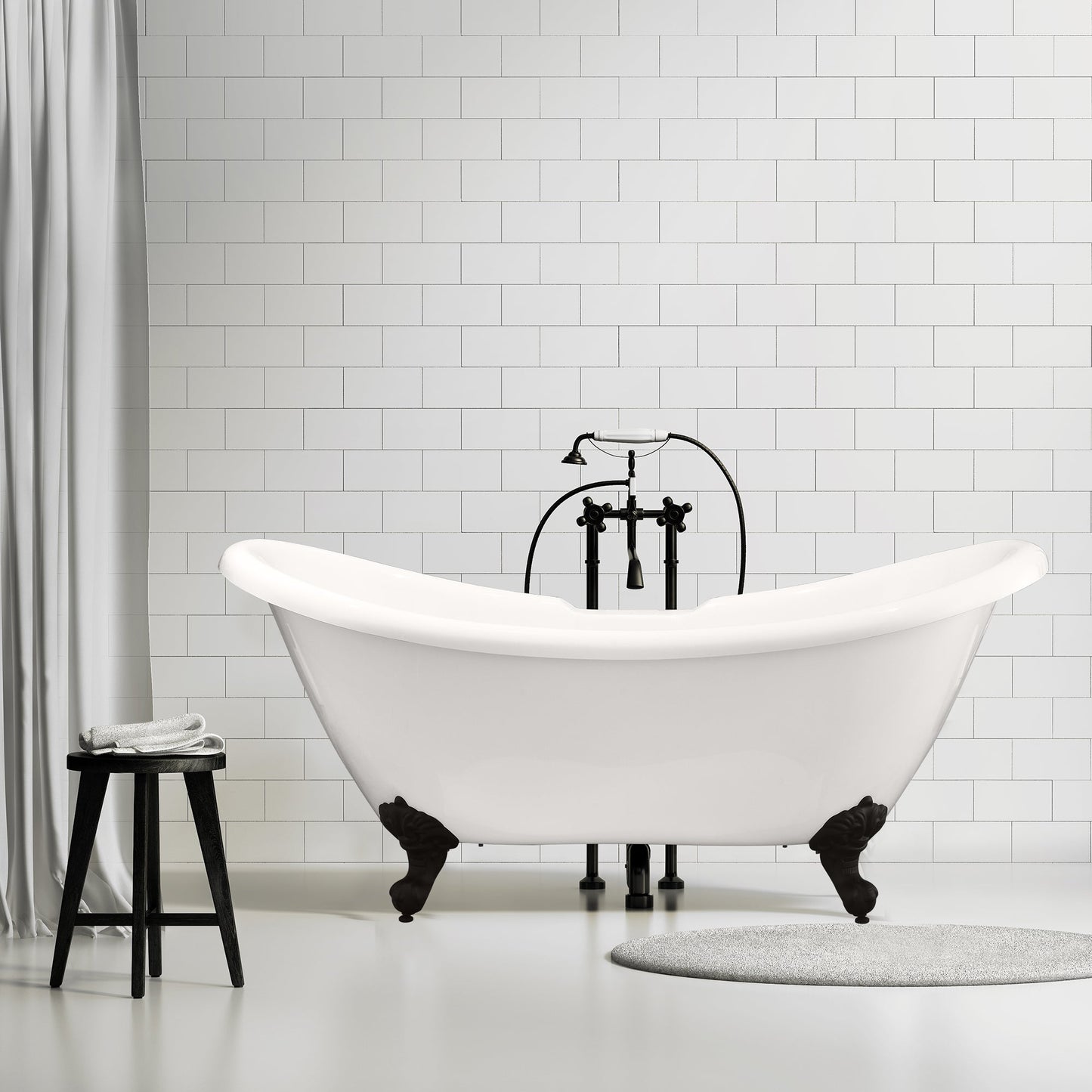 Porva 69" x 29" Acrylic Clawfoot Soaking Bathtub in Glossy White with Matte Black Drain and Overflow