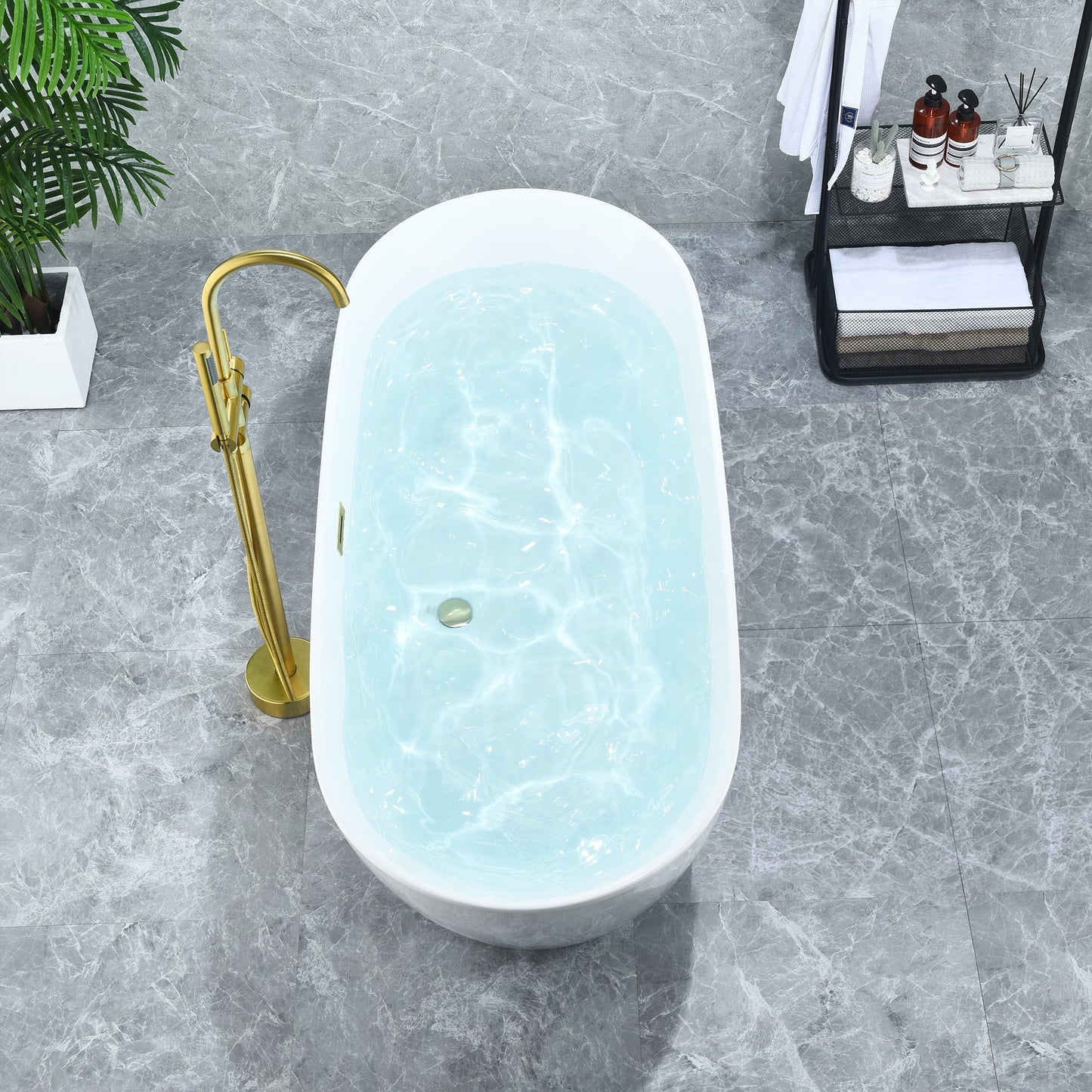 Tazlar 63" x 28" Flatbottom Freestanding Acrylic Soaking Bathtub in Glossy White with Drain and Overflow