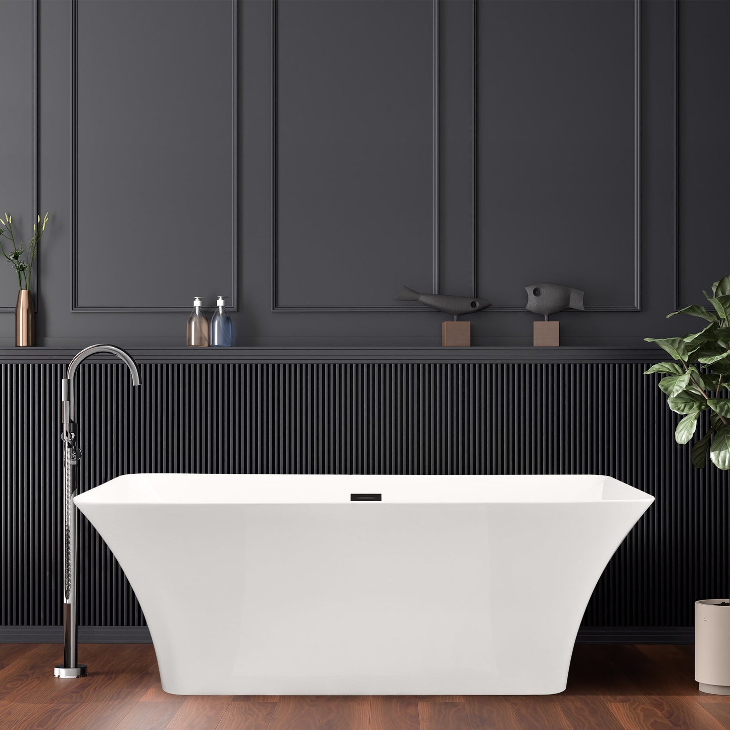 Carani 65" x 28" Flatbottom Freestanding Acrylic Soaking Bathtub in Glossy White with Drain and Overflow