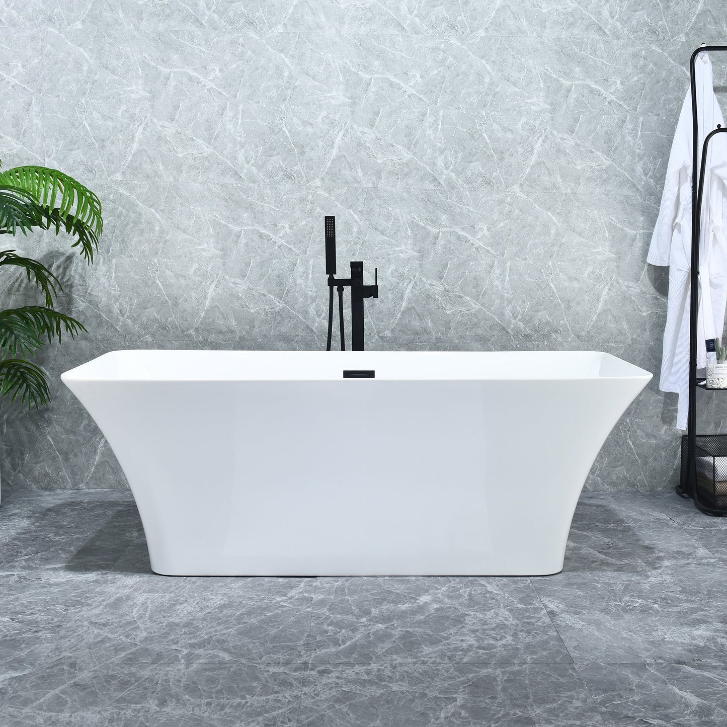 Carani 65" x 28" Flatbottom Freestanding Acrylic Soaking Bathtub in Glossy White with Drain and Overflow