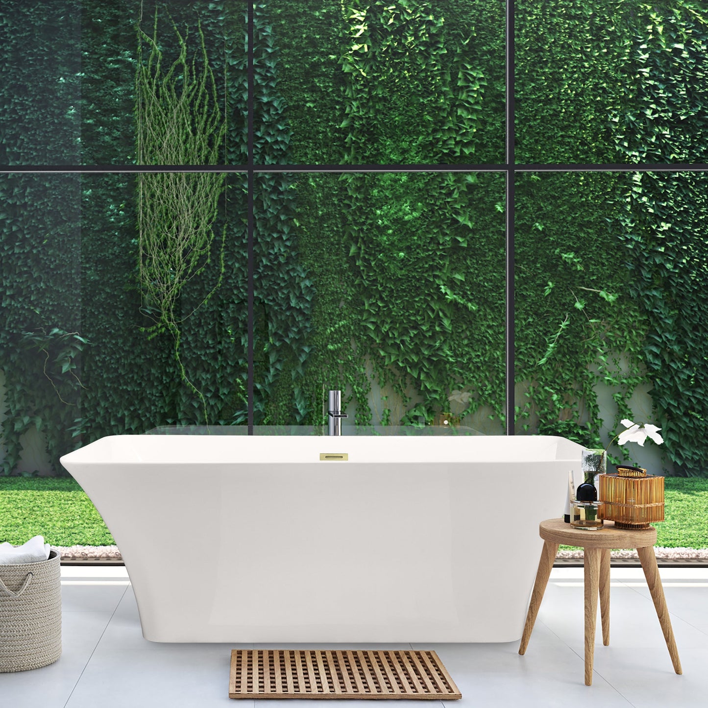 Carani 65" x 28" Flatbottom Freestanding Acrylic Soaking Bathtub in Glossy White with Drain and Overflow