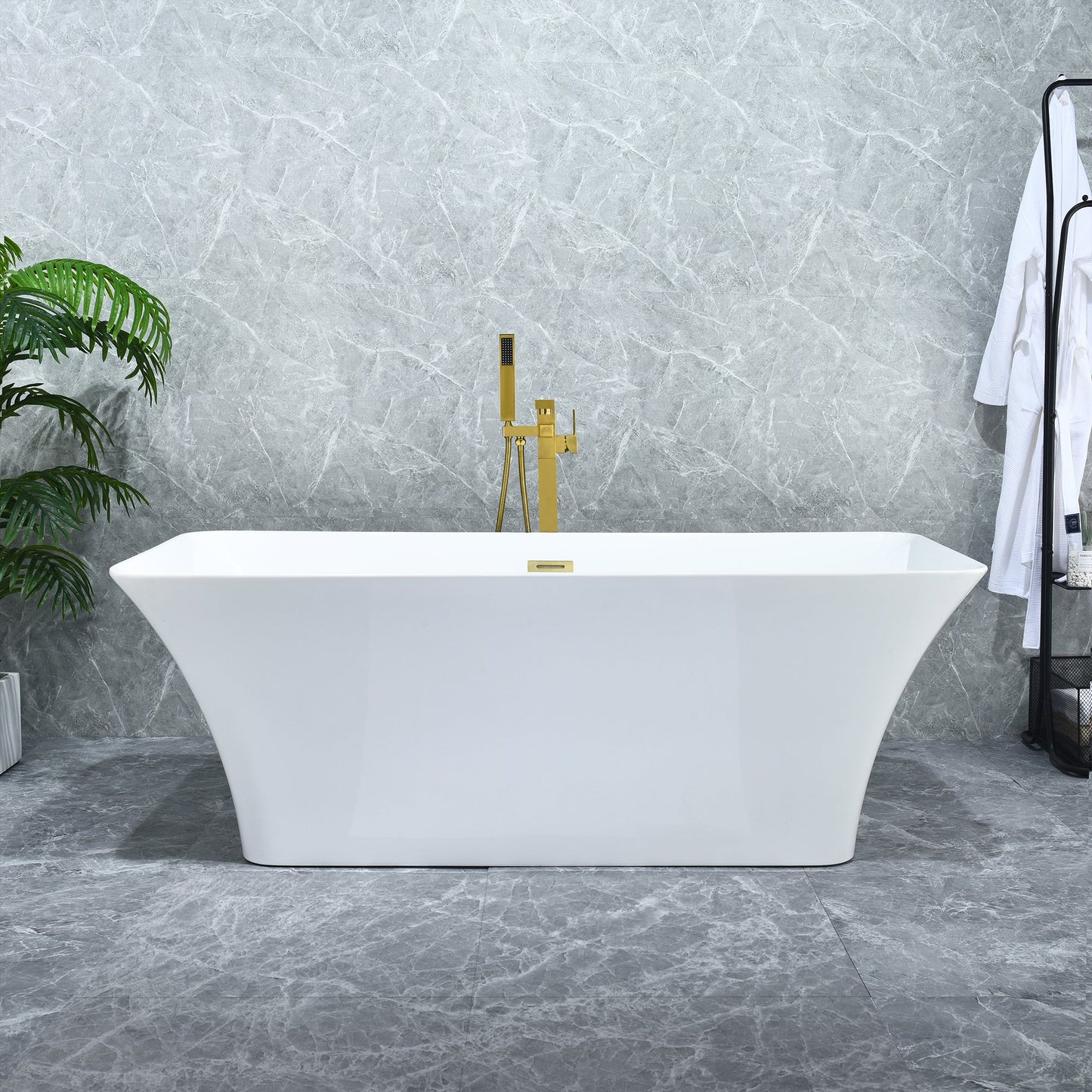 Carani 65" x 28" Flatbottom Freestanding Acrylic Soaking Bathtub in Glossy White with Drain and Overflow