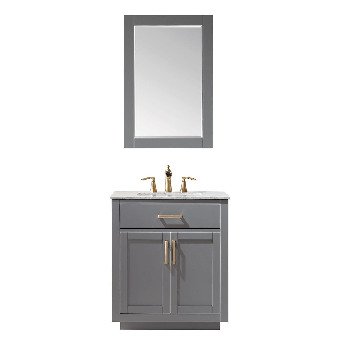 Ivy 30" Single Bathroom Vanity Set in Gray and Carrara White Marble Countertop with Mirror
