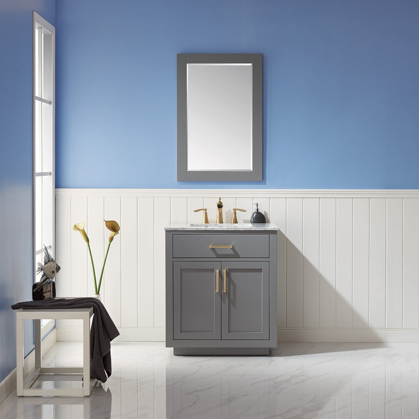 Ivy 30" Single Bathroom Vanity Set in Gray and Carrara White Marble Countertop with Mirror